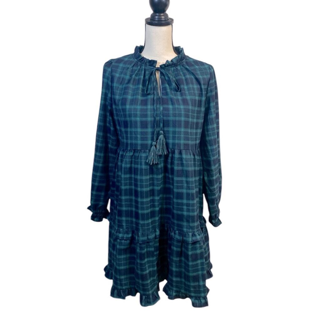 NWT Jodifl Green Navy Watch Plaid Long Sleeve Ruffle Babydoll Dress Medium